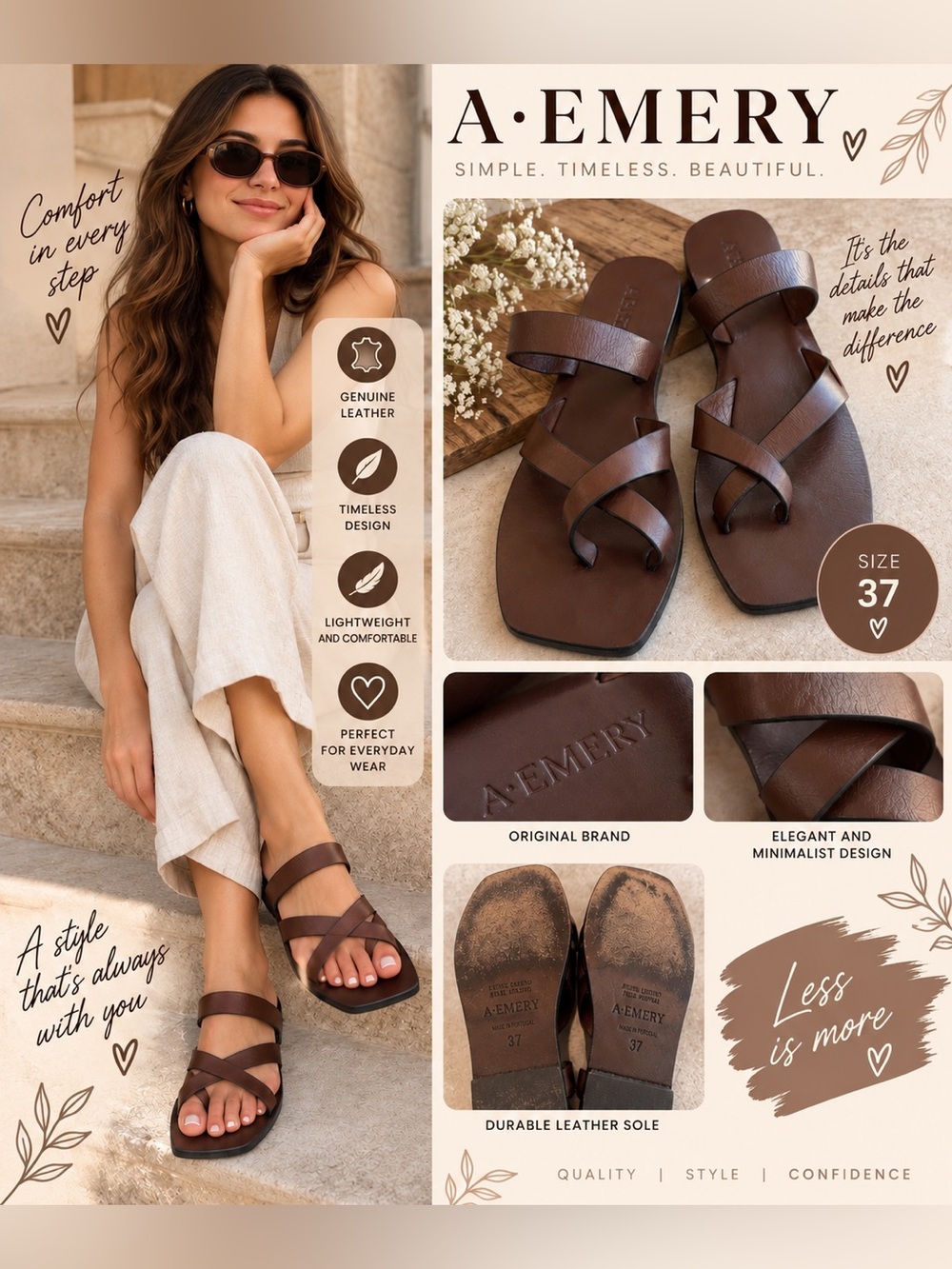 A·EMERY Women’s Brown Leather Strappy Sandals